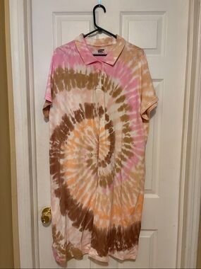 Lands' End Spiral Tie-Dye Polo Dress in Pink, Brown & Peach